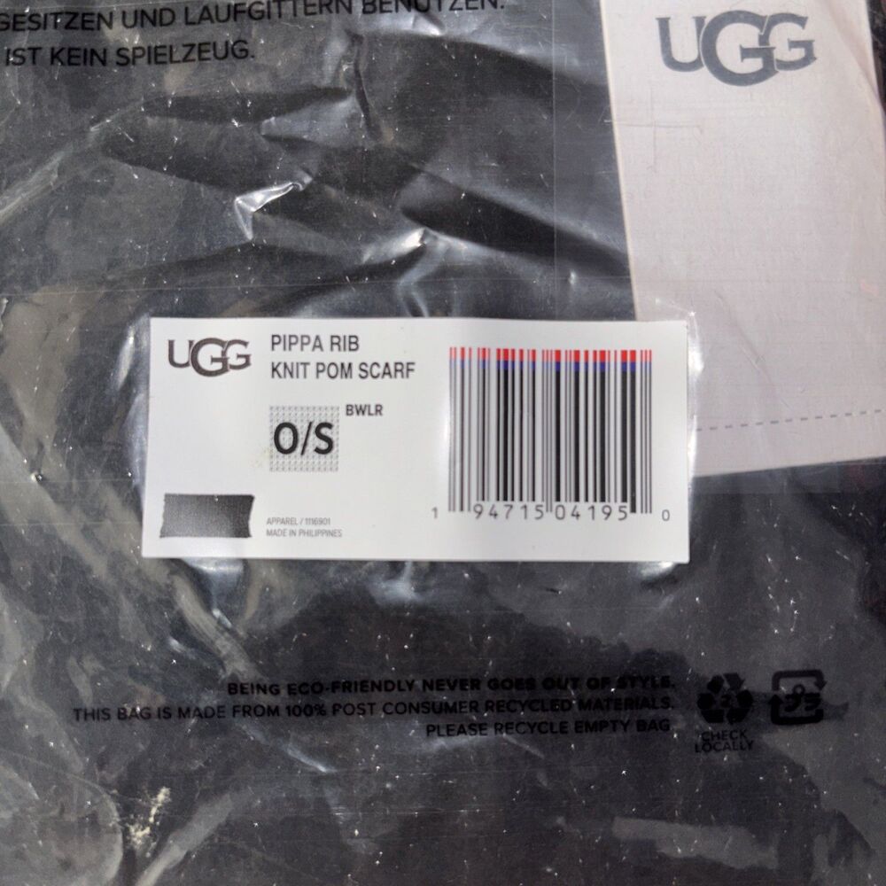 UGG Pippa Rib Knit Pom Scarf in Black New